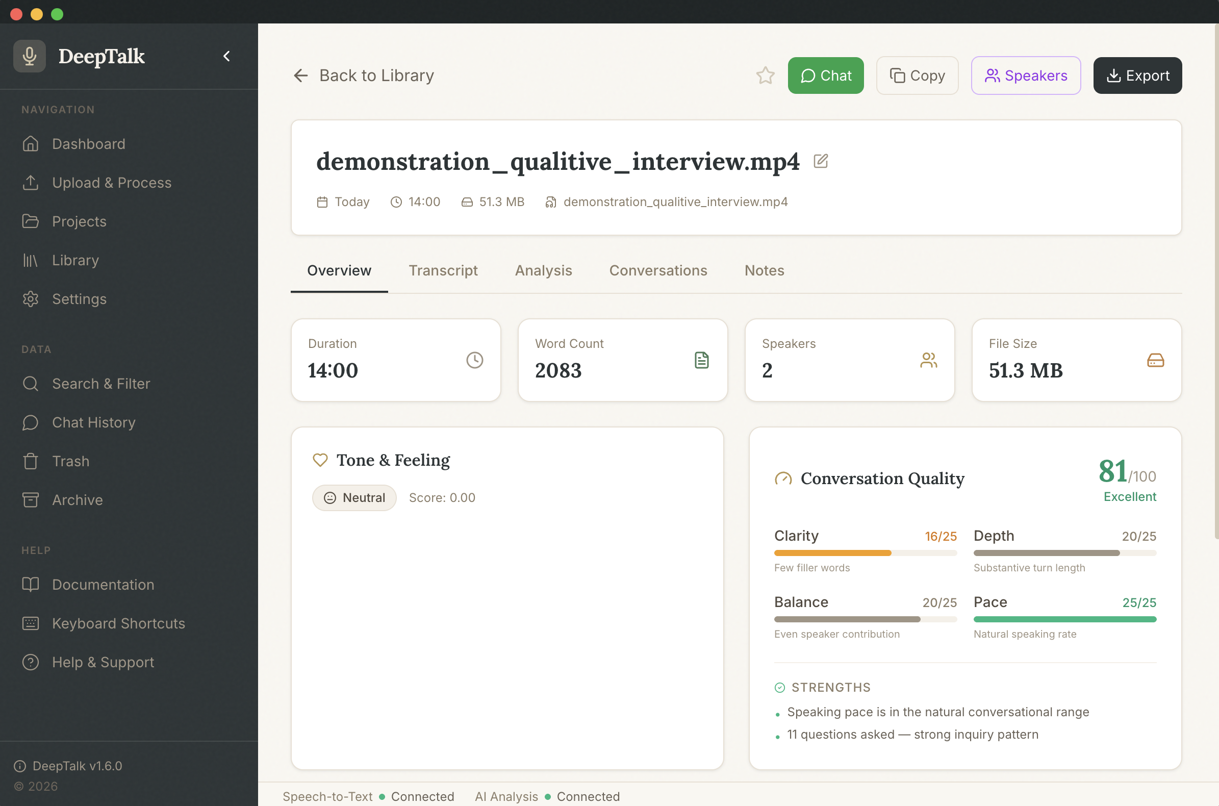 Deep Talk analysis view